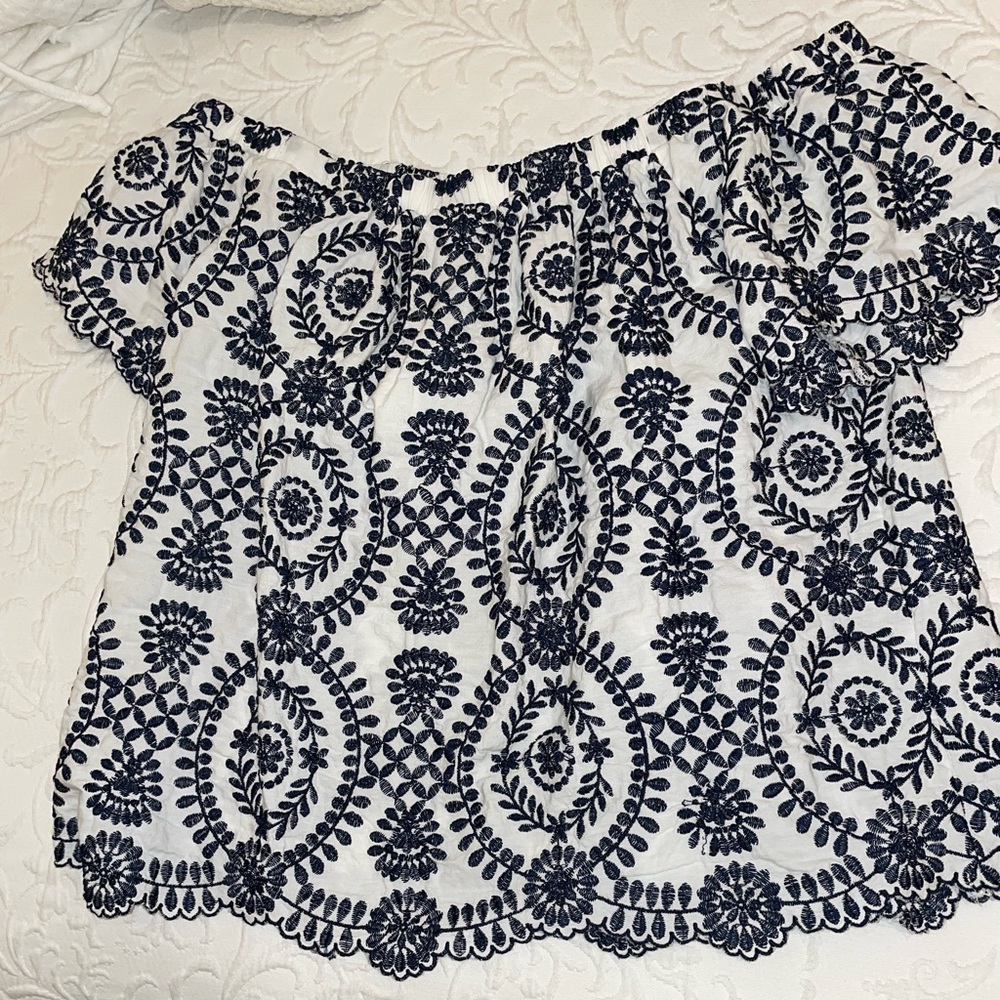 Navy Blue and White Off the Shoulder Top